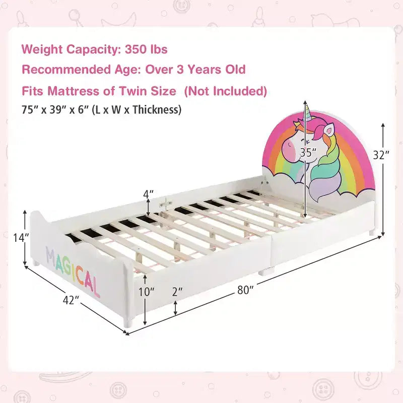 Costway Letto a Piattaforma Imbottito per Bambini, Dimensione Twin, in Legno, Motivo Unicorno