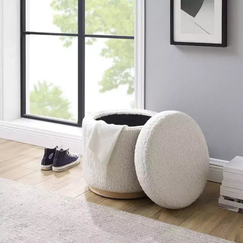 Pouf Contenitore Rotondo Rivestito in Similpelle