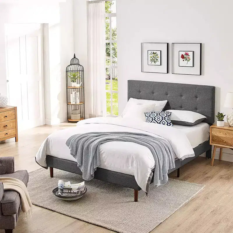 Letto a piattaforma imbottito con testiera regolabile a cuciture quadrate, Queen, Grigio scuro